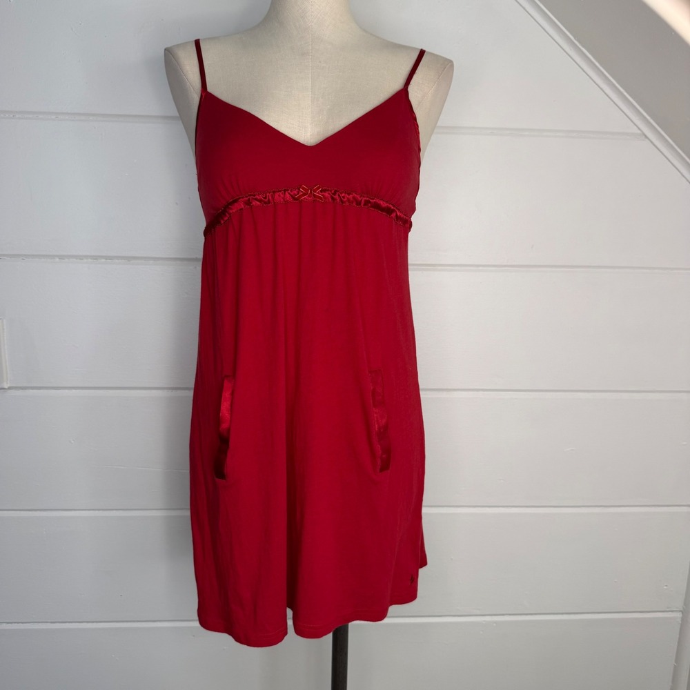 Aerie Red Babydoll Chemise Nightgown Satin Trim Pockets Medium Sleeveless Sleep